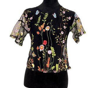 Kiki Mesh Top Womens S Floral Embroidered Sheer Shirt Ruffled Sleeves Butterfly